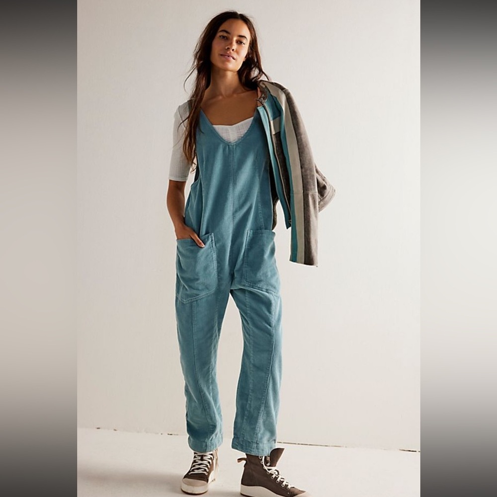 Free People Light Teal Blue Washed Corduroy Overalls Jumpsuit XS/S
